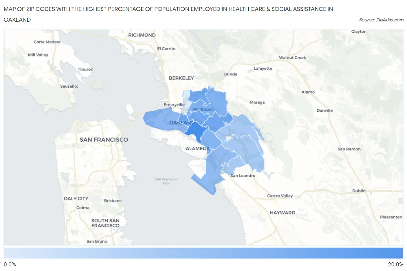 Zip Codes with the Highest Percentage of Population Employed in Health Care & Social Assistance in Oakland Map