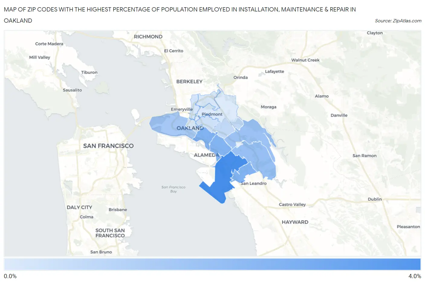 Zip Codes with the Highest Percentage of Population Employed in Installation, Maintenance & Repair in Oakland Map