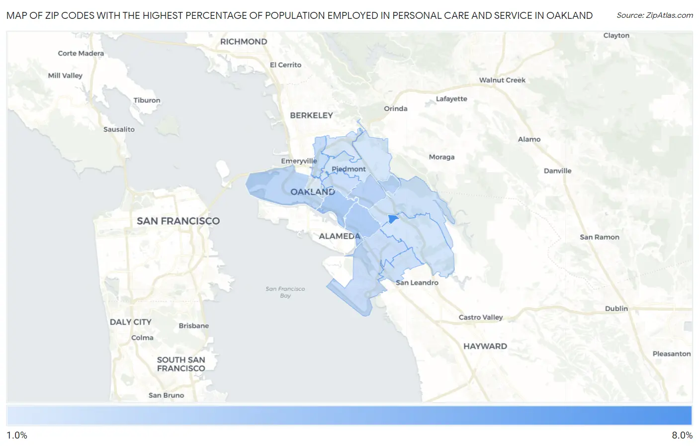 Zip Codes with the Highest Percentage of Population Employed in Personal Care and Service in Oakland Map