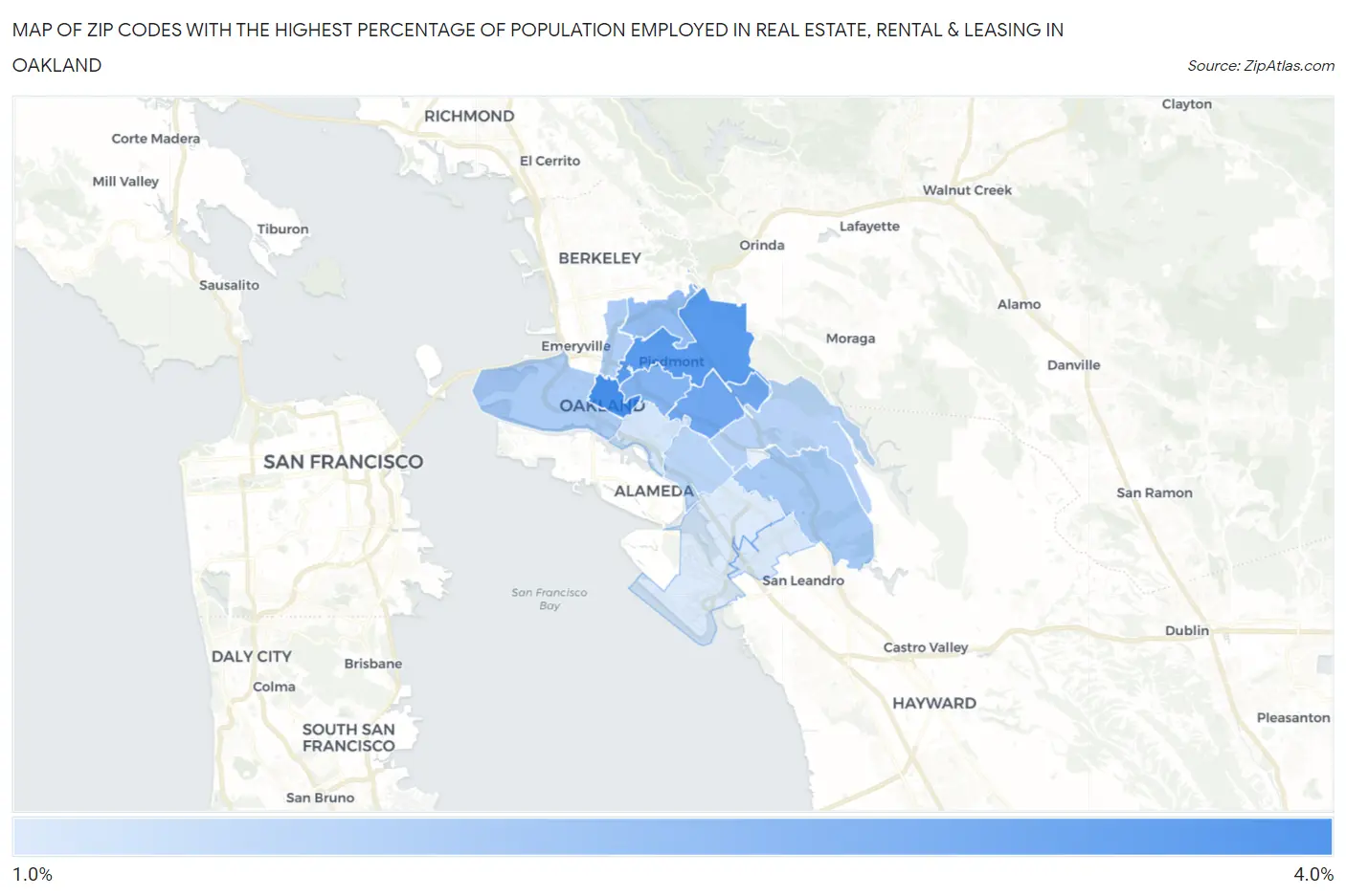 Zip Codes with the Highest Percentage of Population Employed in Real Estate, Rental & Leasing in Oakland Map