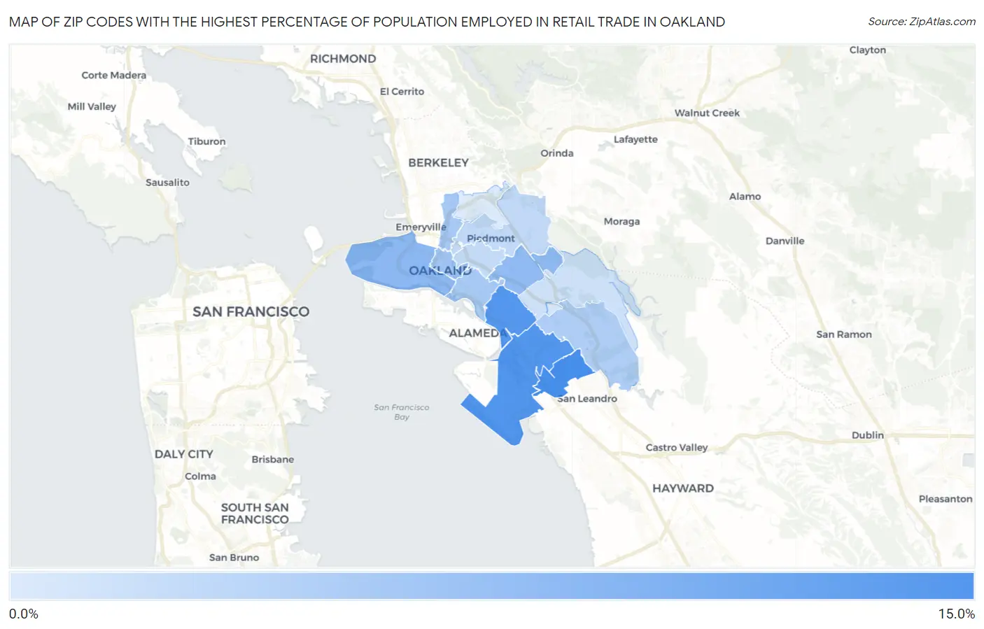 Zip Codes with the Highest Percentage of Population Employed in Retail Trade in Oakland Map