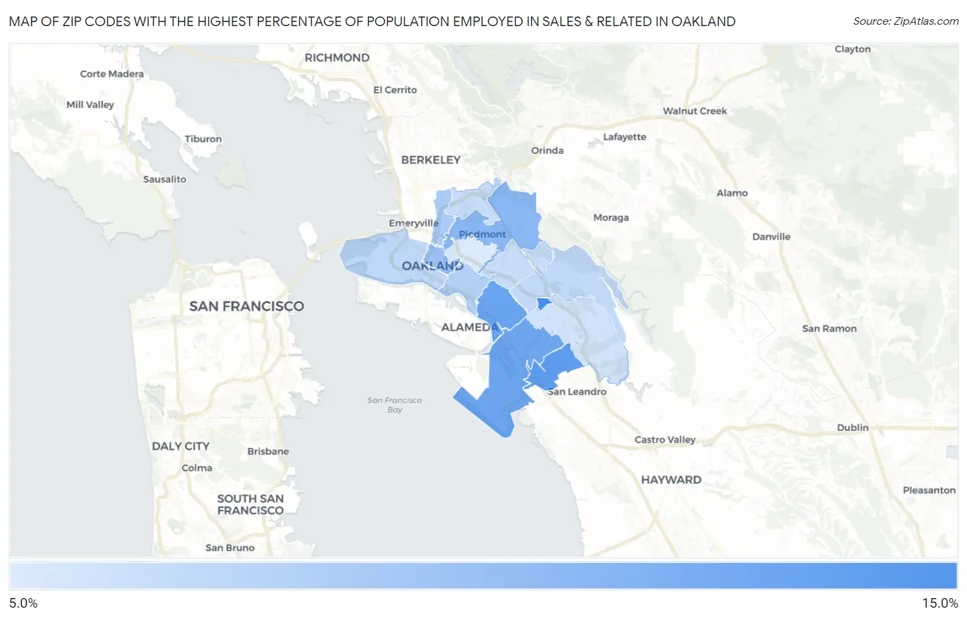 Zip Codes with the Highest Percentage of Population Employed in Sales & Related in Oakland Map