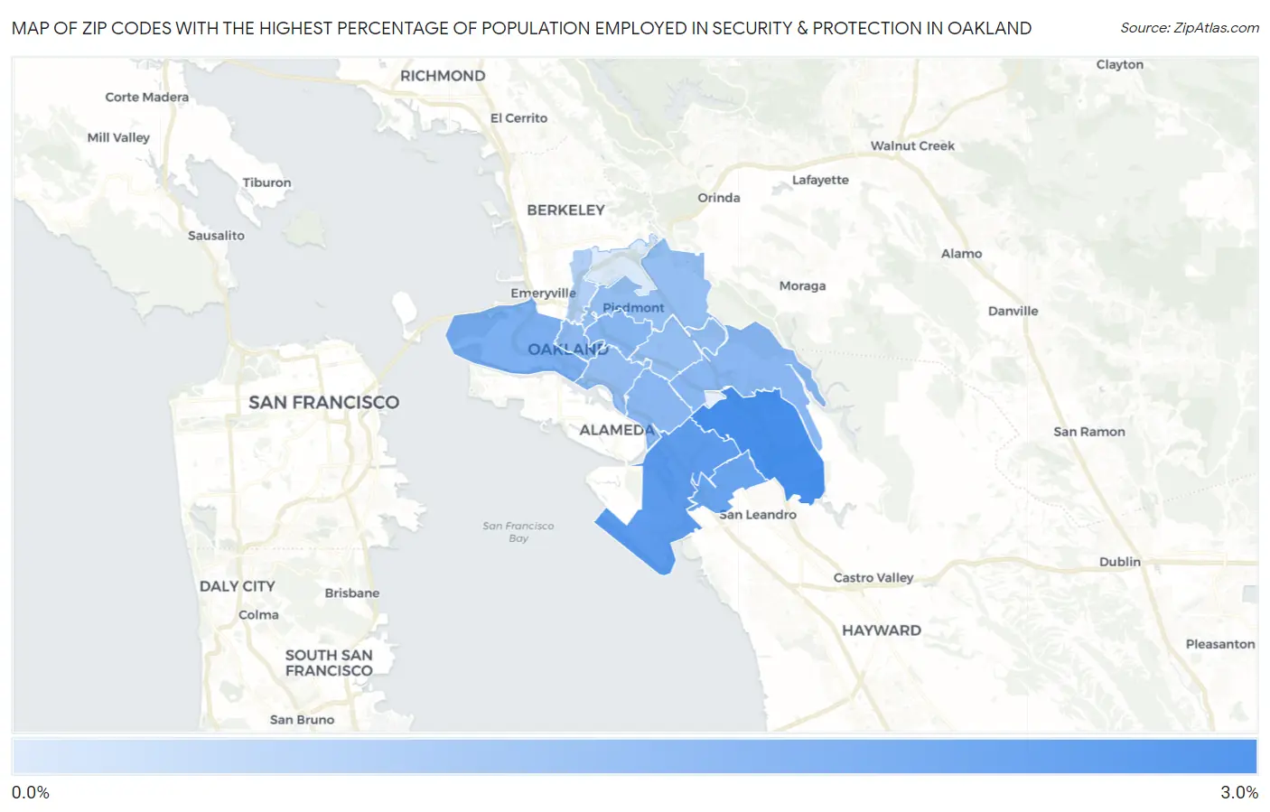 Zip Codes with the Highest Percentage of Population Employed in Security & Protection in Oakland Map