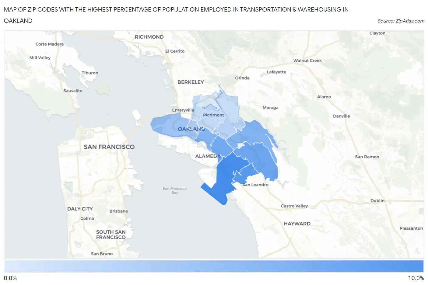 Zip Codes with the Highest Percentage of Population Employed in Transportation & Warehousing in Oakland Map