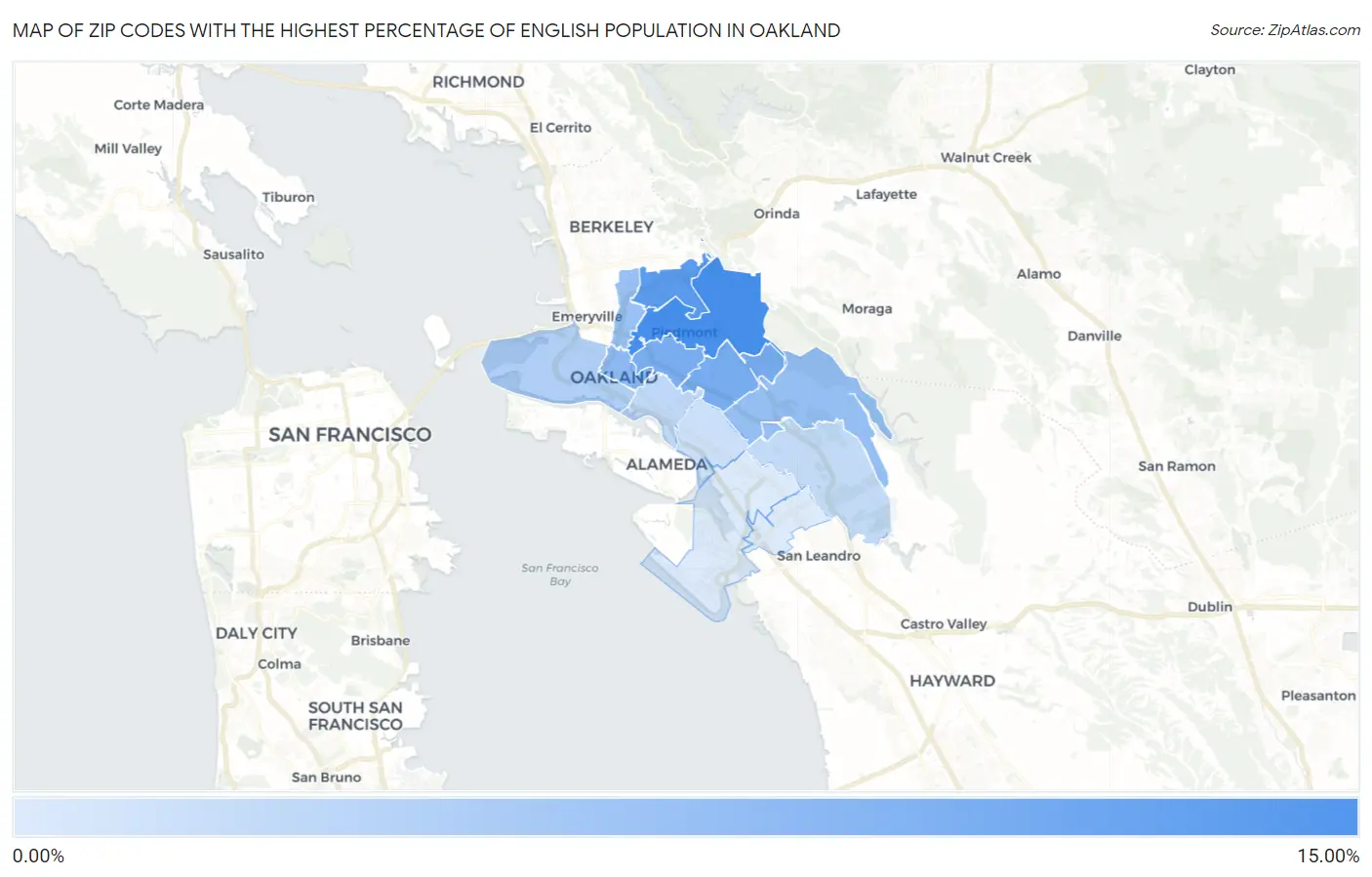 Zip Codes with the Highest Percentage of English Population in Oakland Map