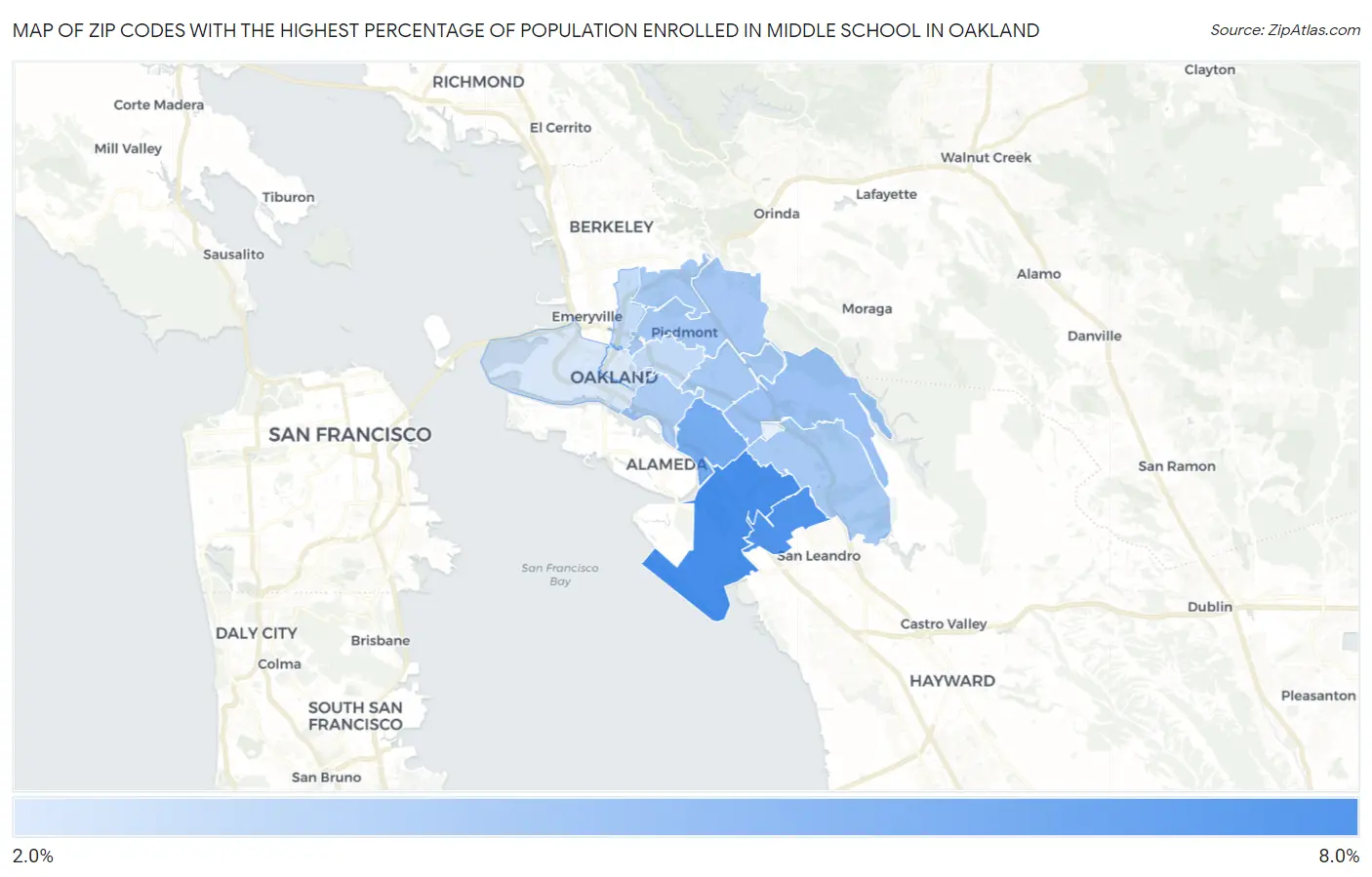 Zip Codes with the Highest Percentage of Population Enrolled in Middle School in Oakland Map