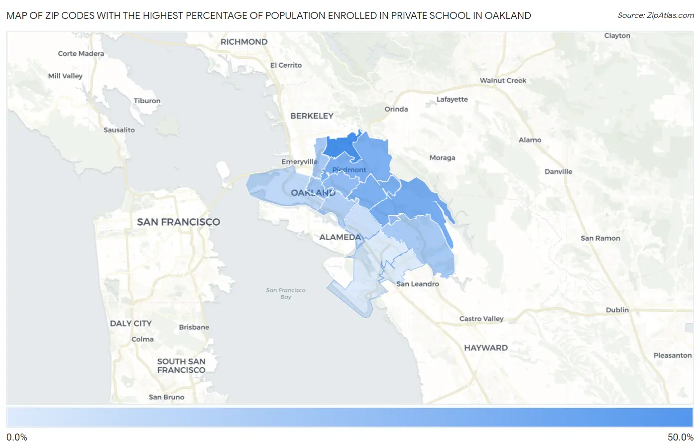 Zip Codes with the Highest Percentage of Population Enrolled in Private School in Oakland Map
