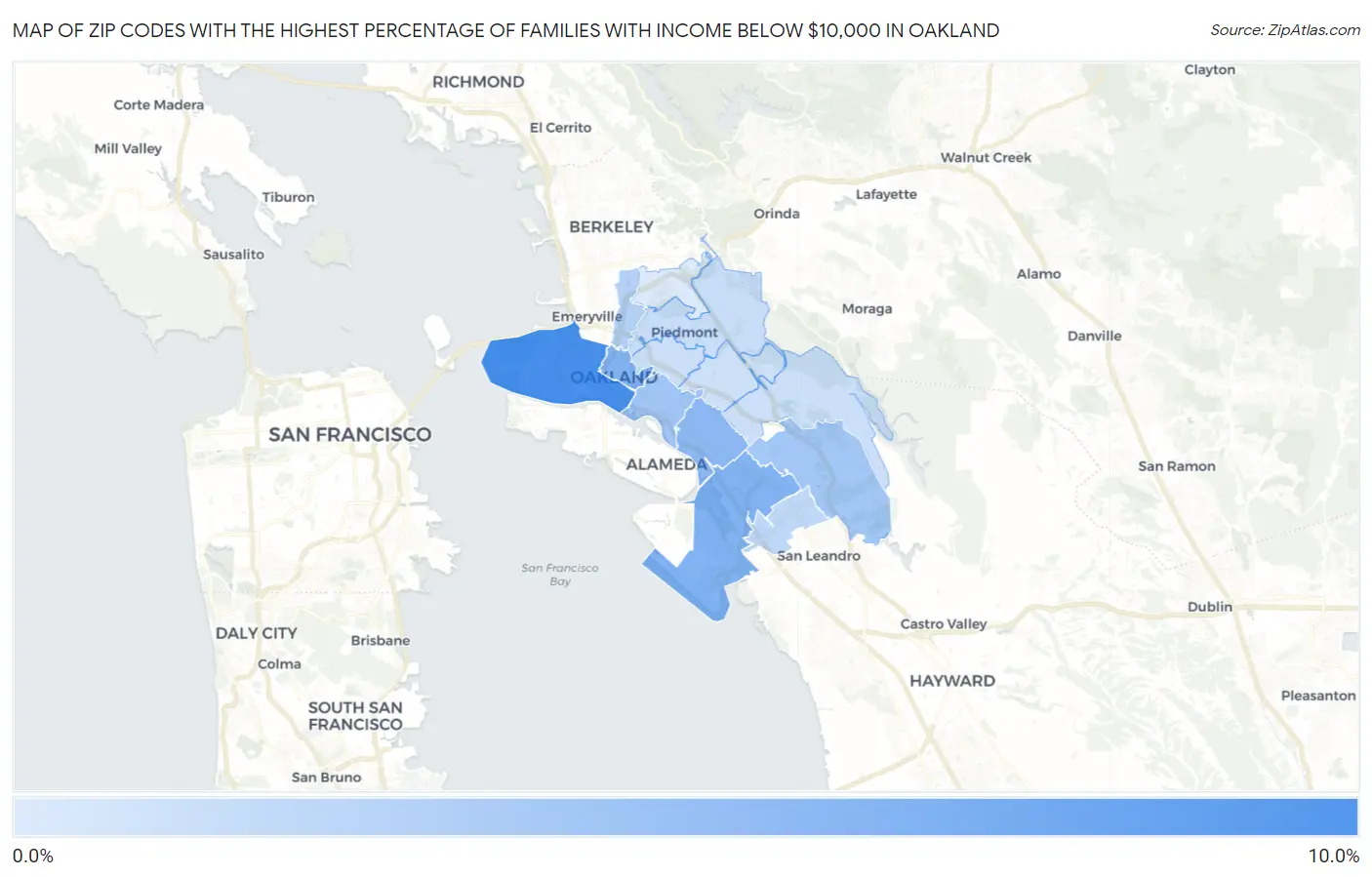 Zip Codes with the Highest Percentage of Families with Income Below $10,000 in Oakland Map