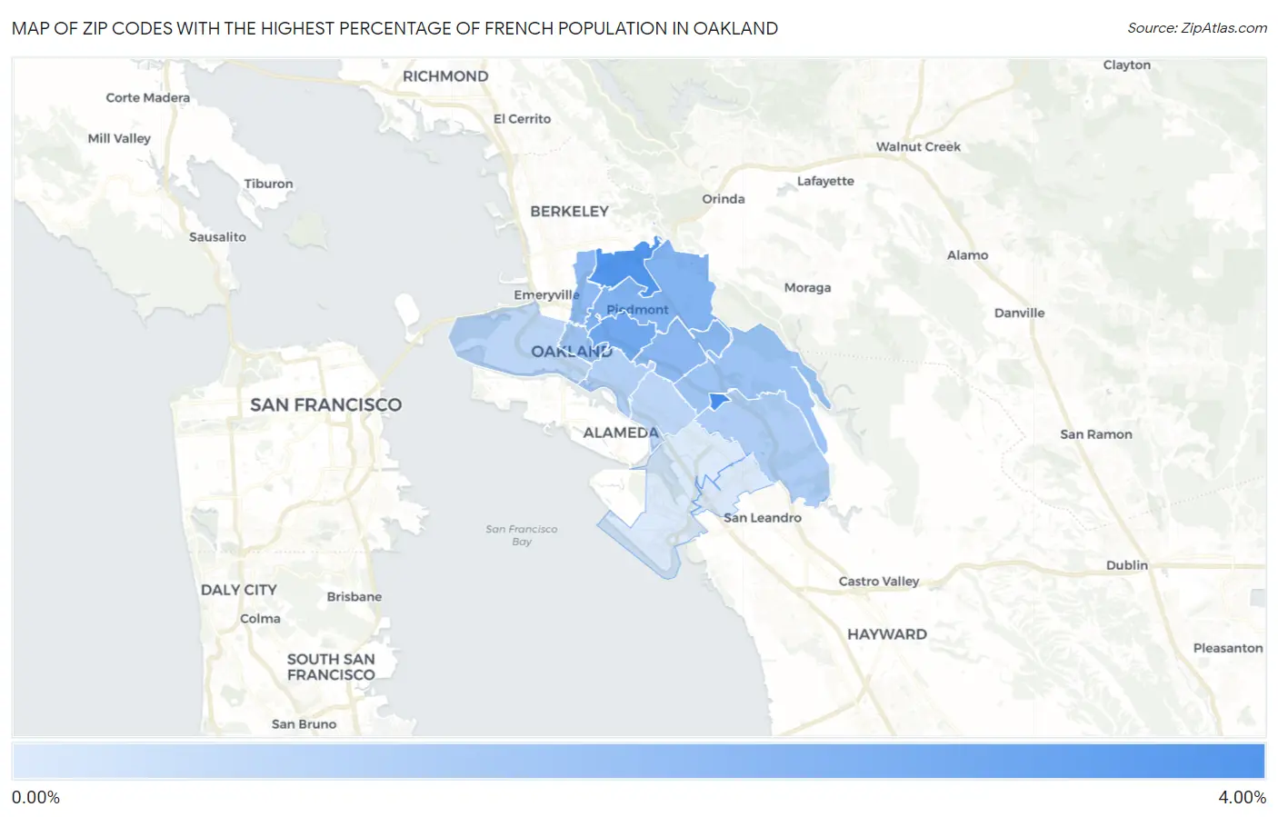 Zip Codes with the Highest Percentage of French Population in Oakland Map