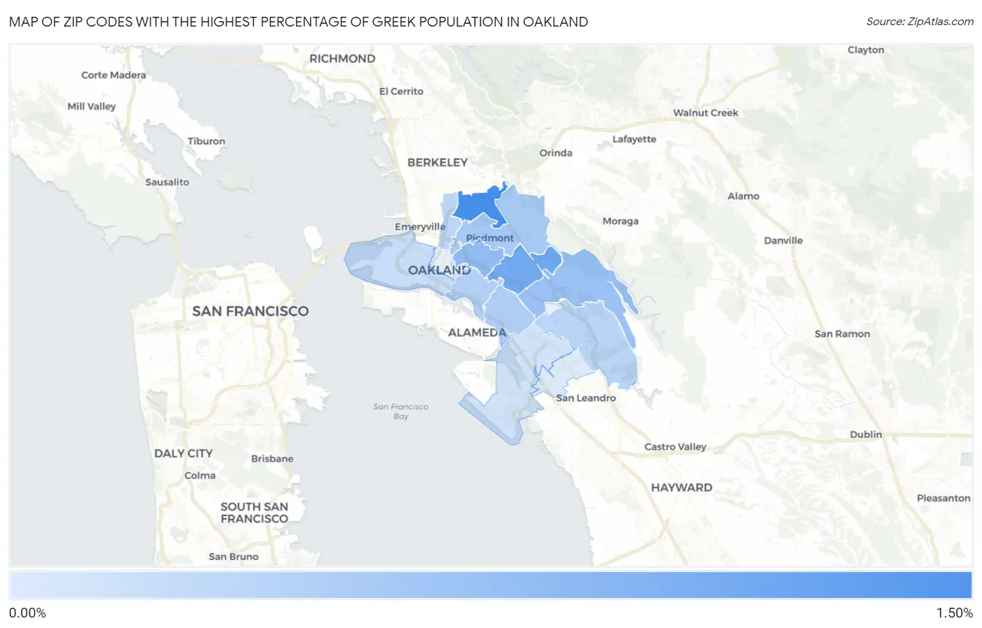 Zip Codes with the Highest Percentage of Greek Population in Oakland Map