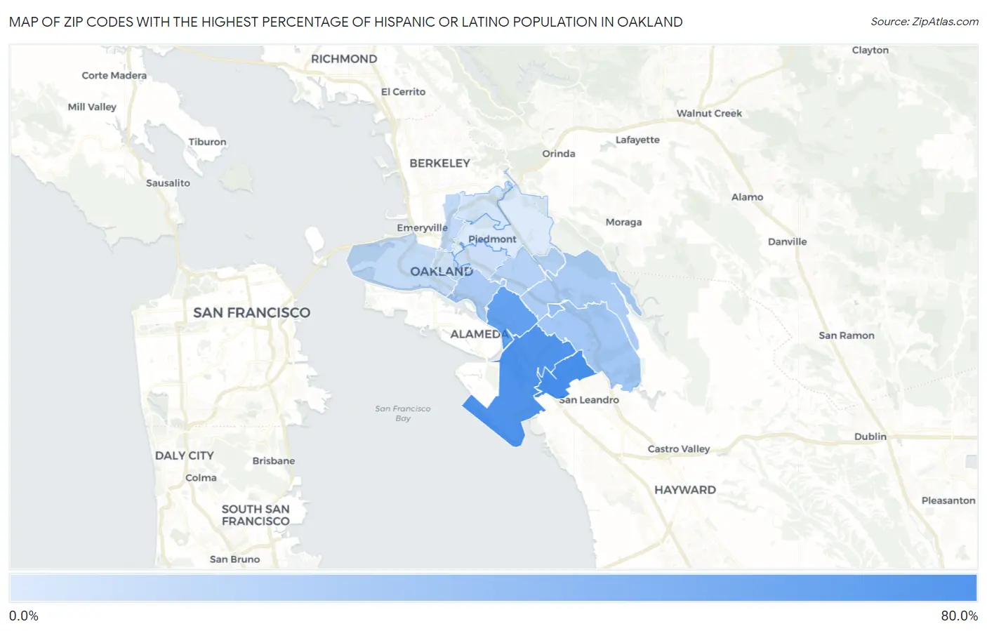 Zip Codes with the Highest Percentage of Hispanic or Latino Population in Oakland Map