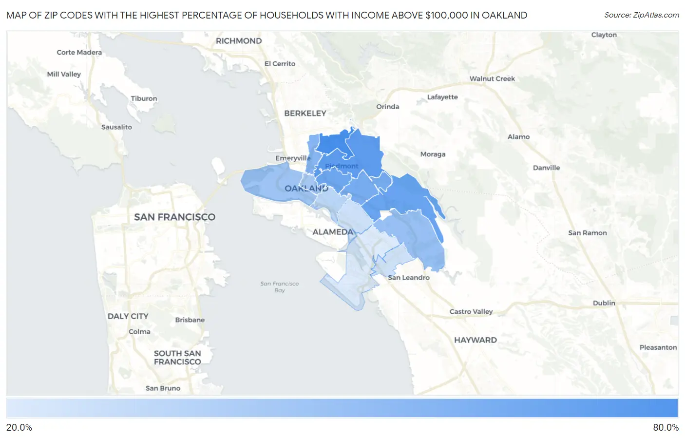 Zip Codes with the Highest Percentage of Households with Income Above $100,000 in Oakland Map