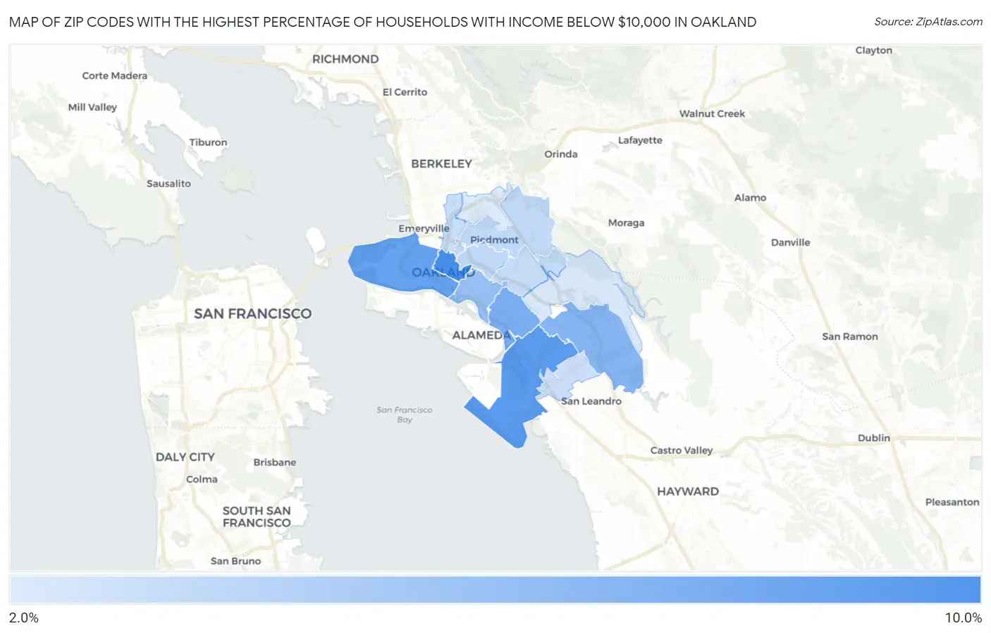 Zip Codes with the Highest Percentage of Households with Income Below $10,000 in Oakland Map