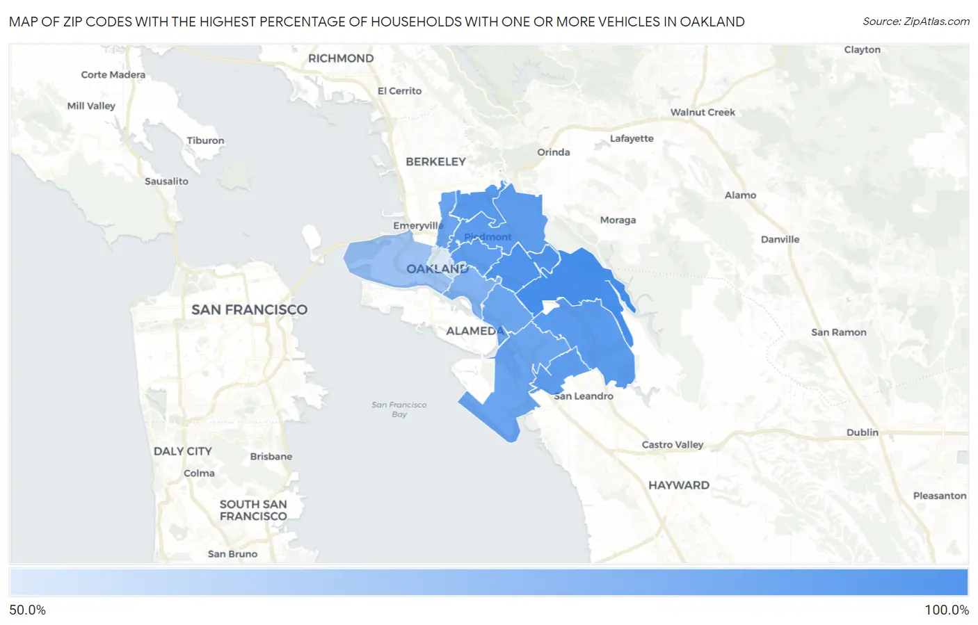 Zip Codes with the Highest Percentage of Households With One or more Vehicles in Oakland Map