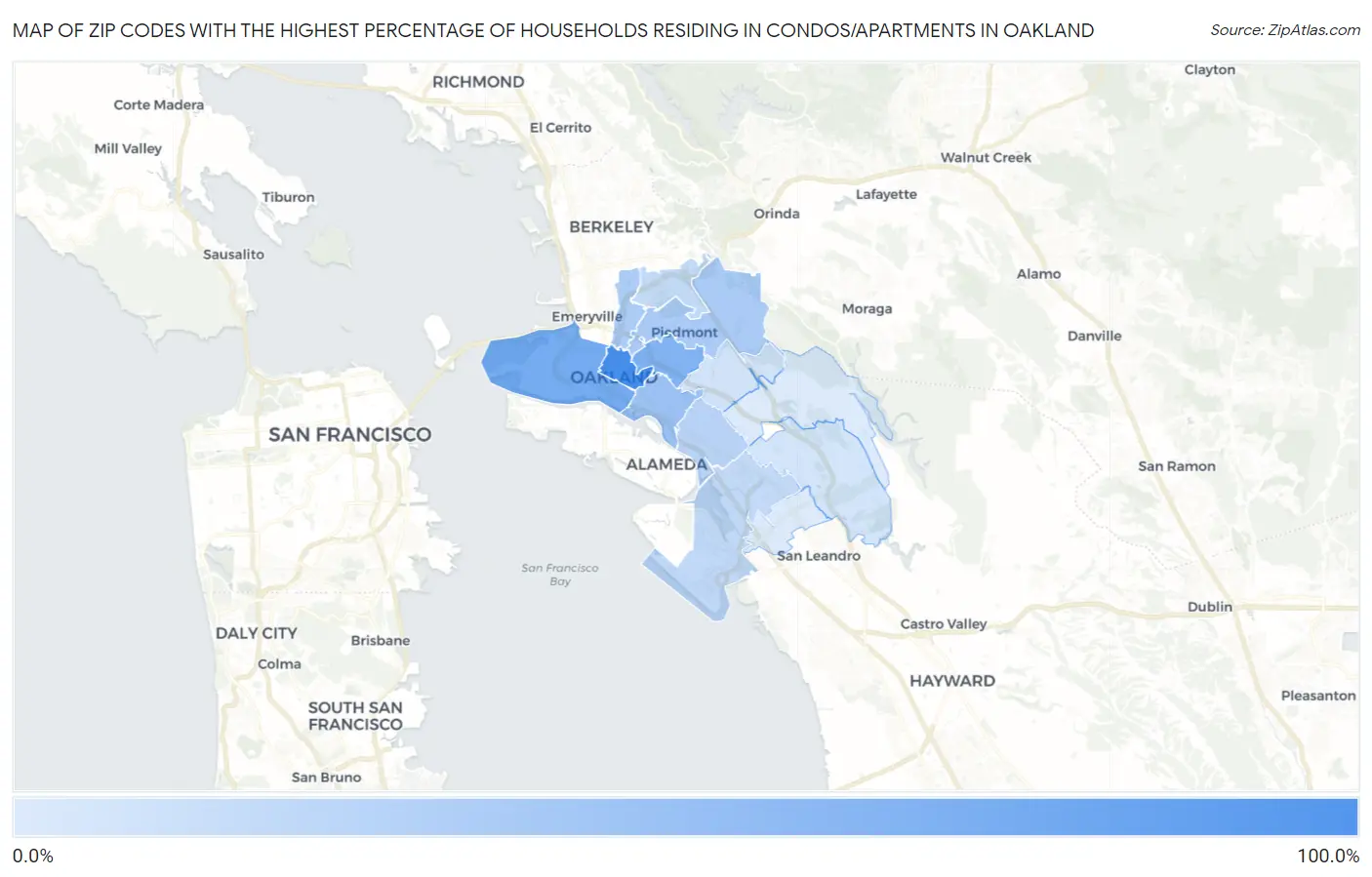 Zip Codes with the Highest Percentage of Households Residing in Condos/Apartments in Oakland Map