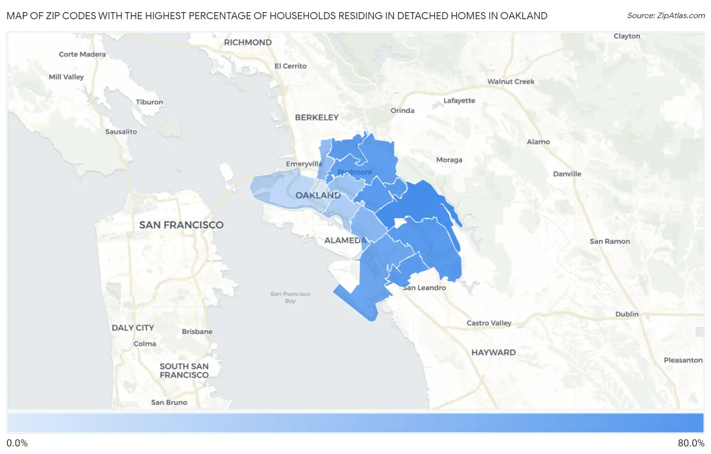 Zip Codes with the Highest Percentage of Households Residing in Detached Homes in Oakland Map