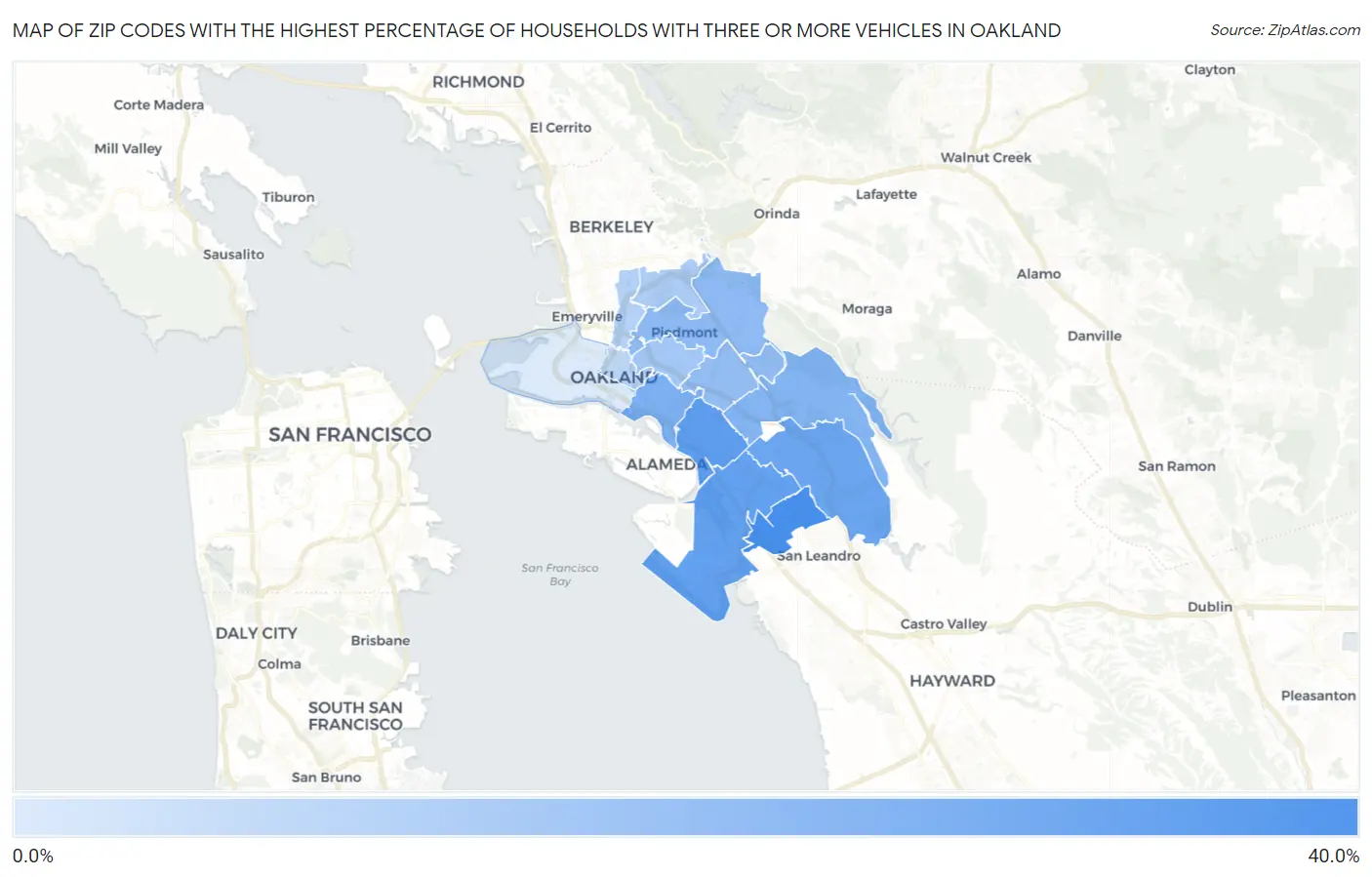 Zip Codes with the Highest Percentage of Households With Three or more Vehicles in Oakland Map