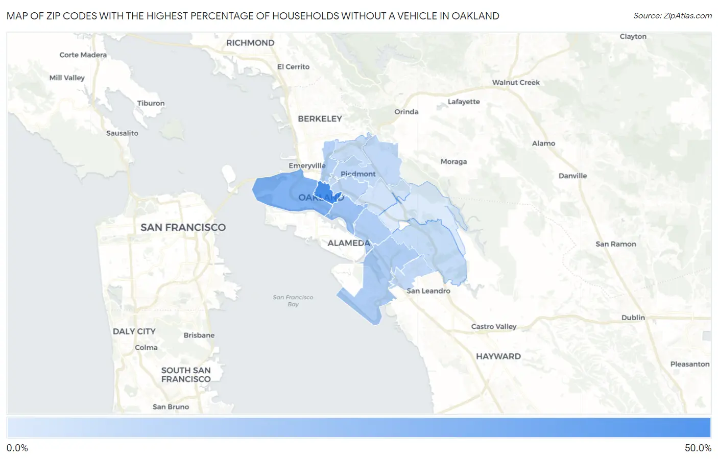 Zip Codes with the Highest Percentage of Households Without a Vehicle in Oakland Map