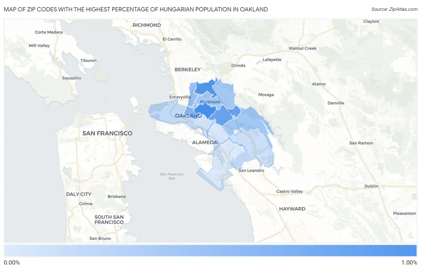 Zip Codes with the Highest Percentage of Hungarian Population in Oakland Map