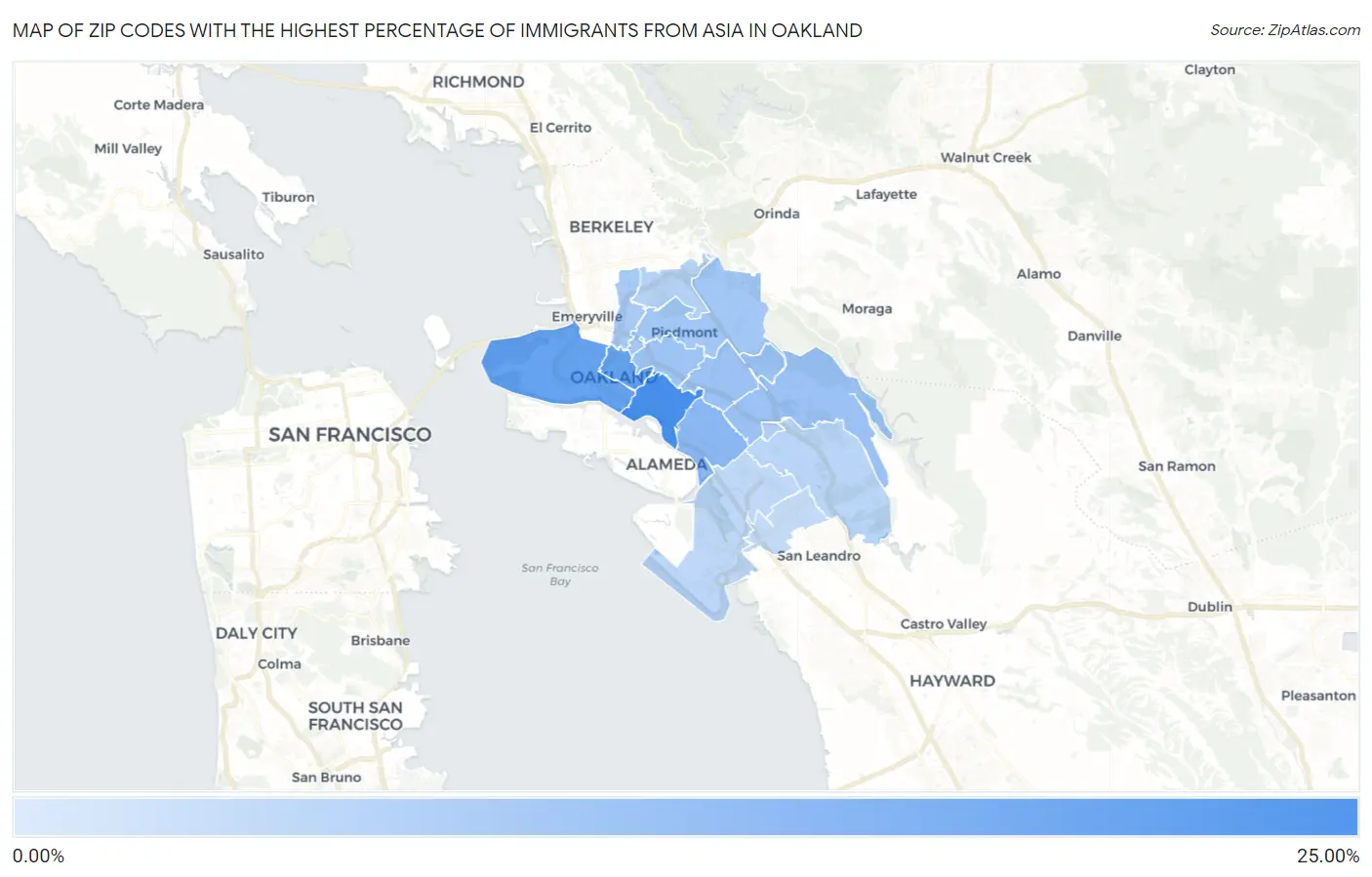 Zip Codes with the Highest Percentage of Immigrants from Asia in Oakland Map