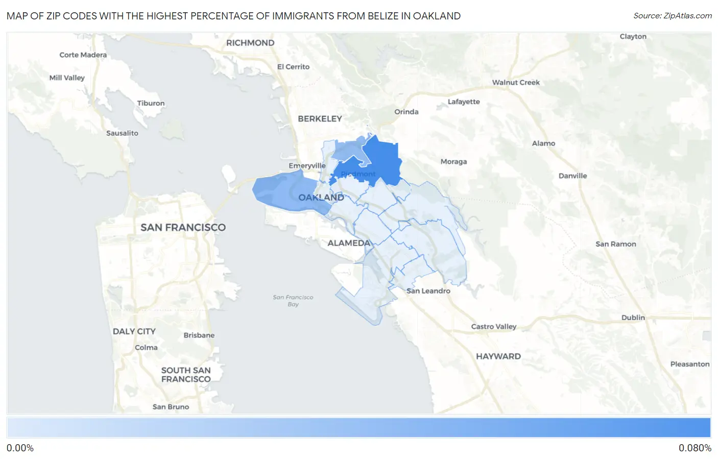 Zip Codes with the Highest Percentage of Immigrants from Belize in Oakland Map