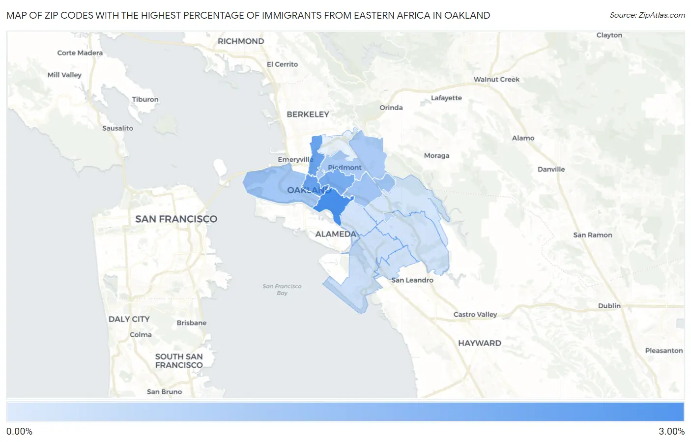 Zip Codes with the Highest Percentage of Immigrants from Eastern Africa in Oakland Map