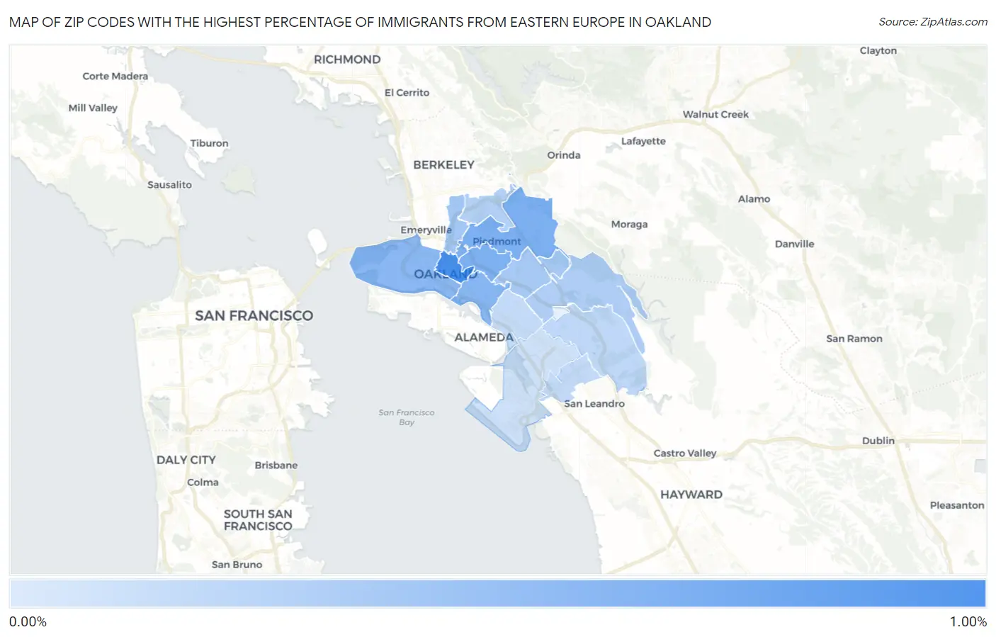 Zip Codes with the Highest Percentage of Immigrants from Eastern Europe in Oakland Map