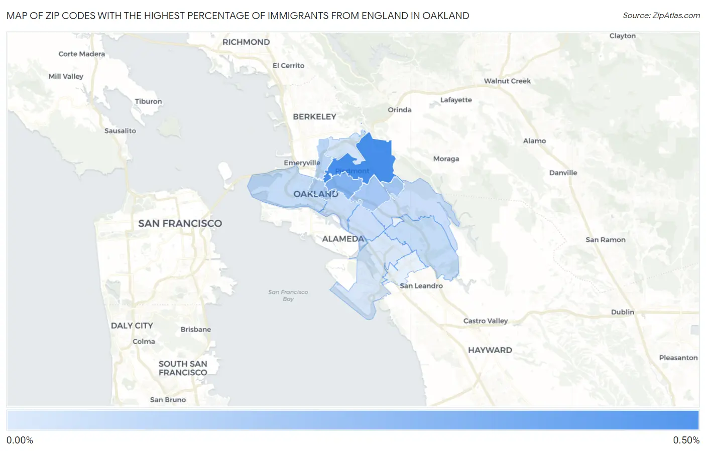 Zip Codes with the Highest Percentage of Immigrants from England in Oakland Map