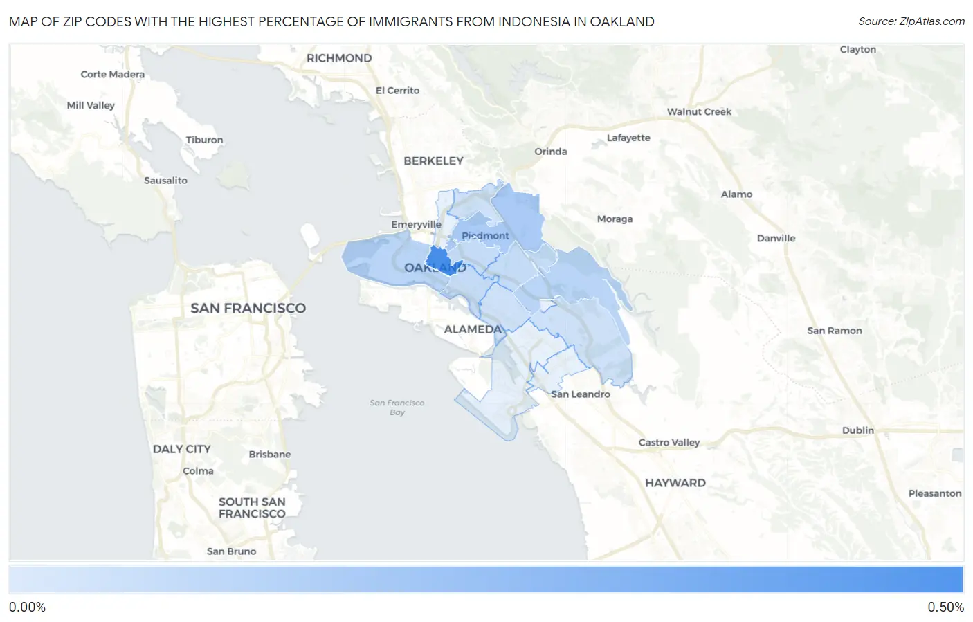 Zip Codes with the Highest Percentage of Immigrants from Indonesia in Oakland Map