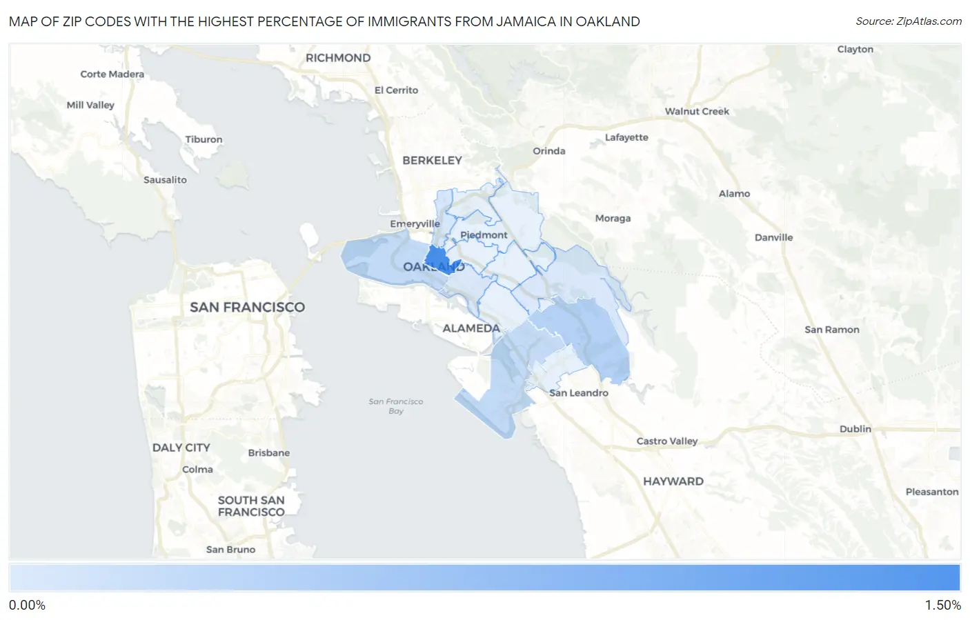 Zip Codes with the Highest Percentage of Immigrants from Jamaica in Oakland Map