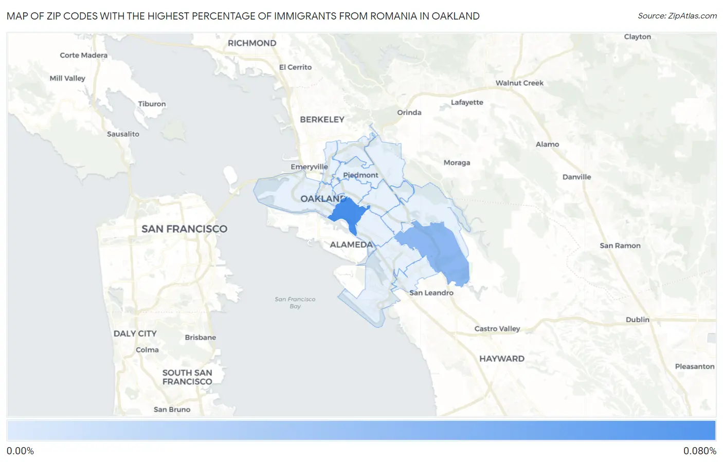 Zip Codes with the Highest Percentage of Immigrants from Romania in Oakland Map