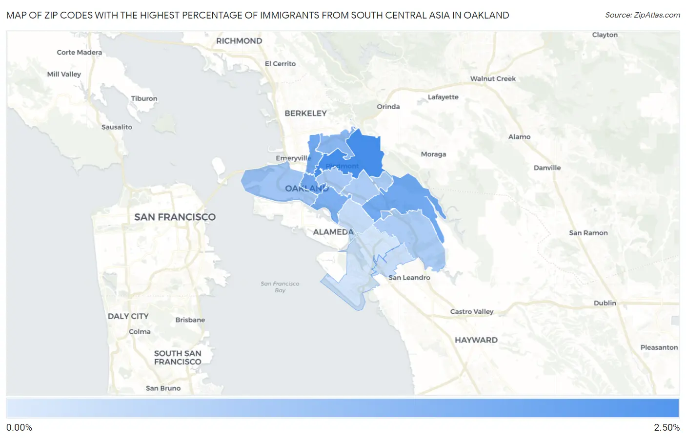 Zip Codes with the Highest Percentage of Immigrants from South Central Asia in Oakland Map