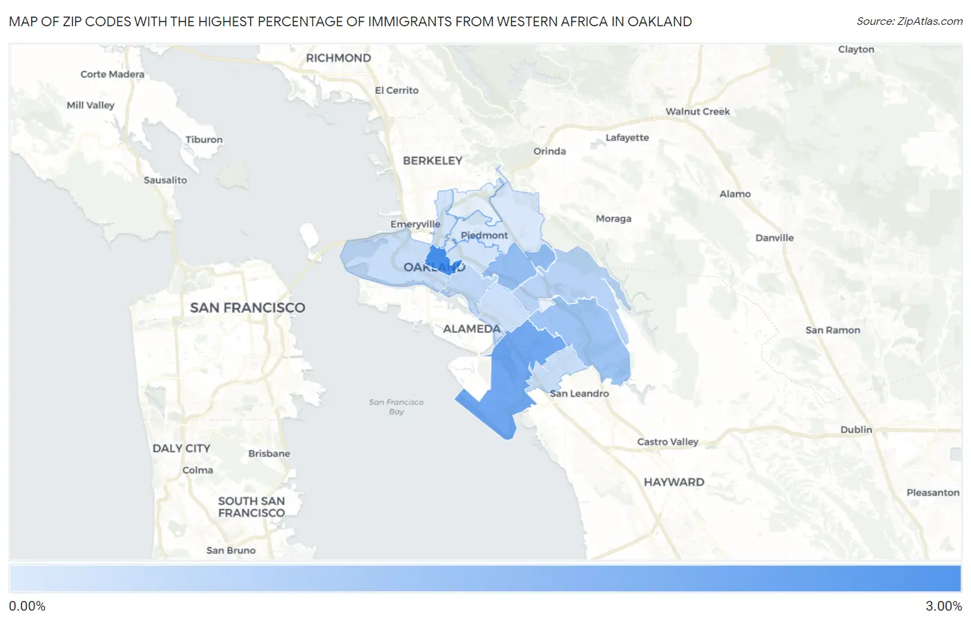 Zip Codes with the Highest Percentage of Immigrants from Western Africa in Oakland Map