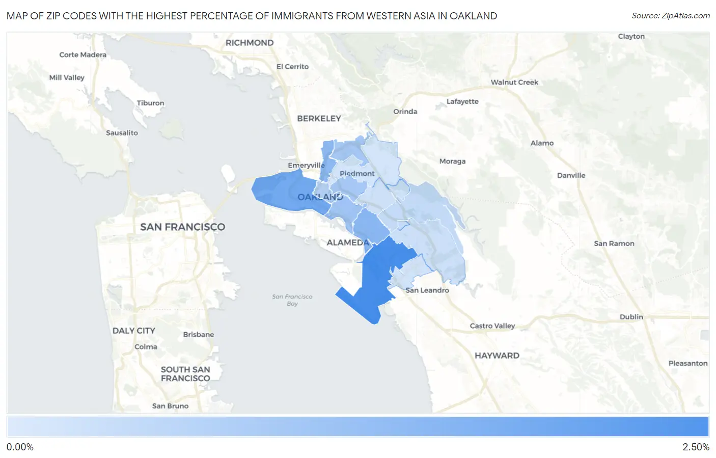 Zip Codes with the Highest Percentage of Immigrants from Western Asia in Oakland Map