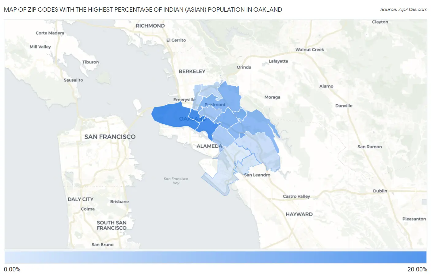 Zip Codes with the Highest Percentage of Indian (Asian) Population in Oakland Map