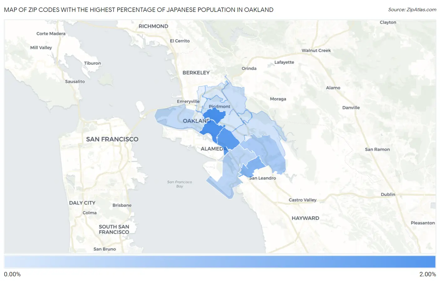 Zip Codes with the Highest Percentage of Japanese Population in Oakland Map