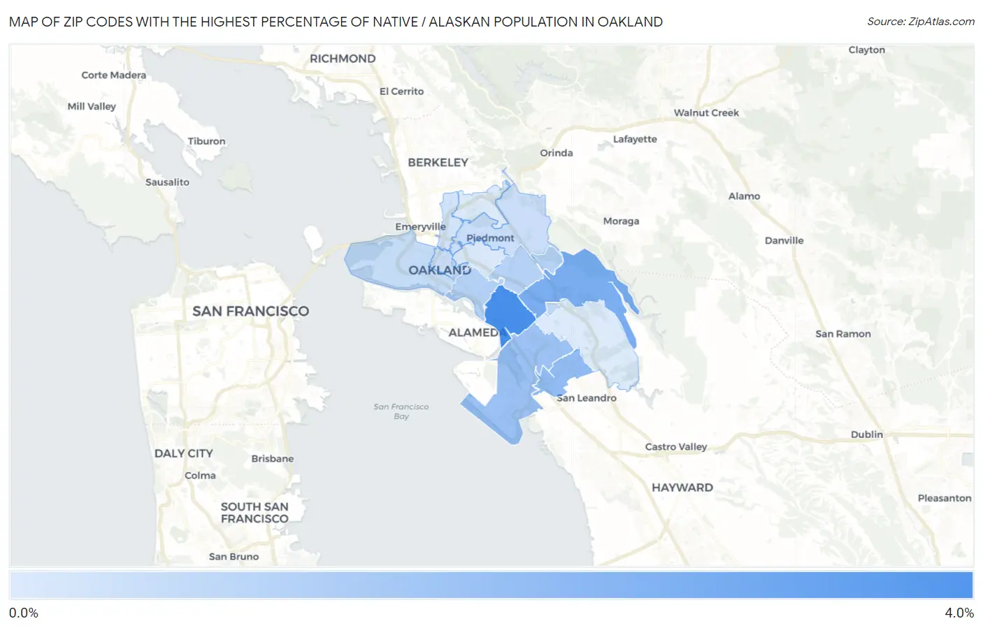 Zip Codes with the Highest Percentage of Native / Alaskan Population in Oakland Map
