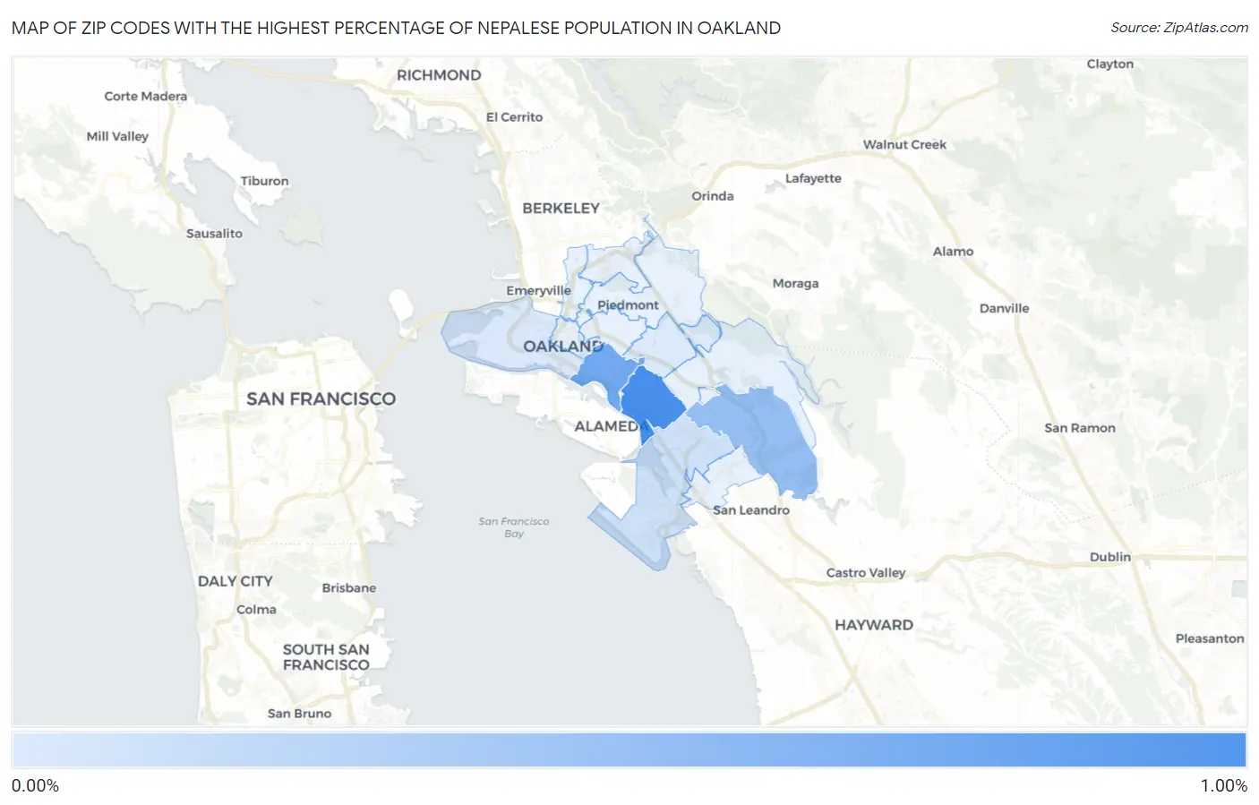 Zip Codes with the Highest Percentage of Nepalese Population in Oakland Map