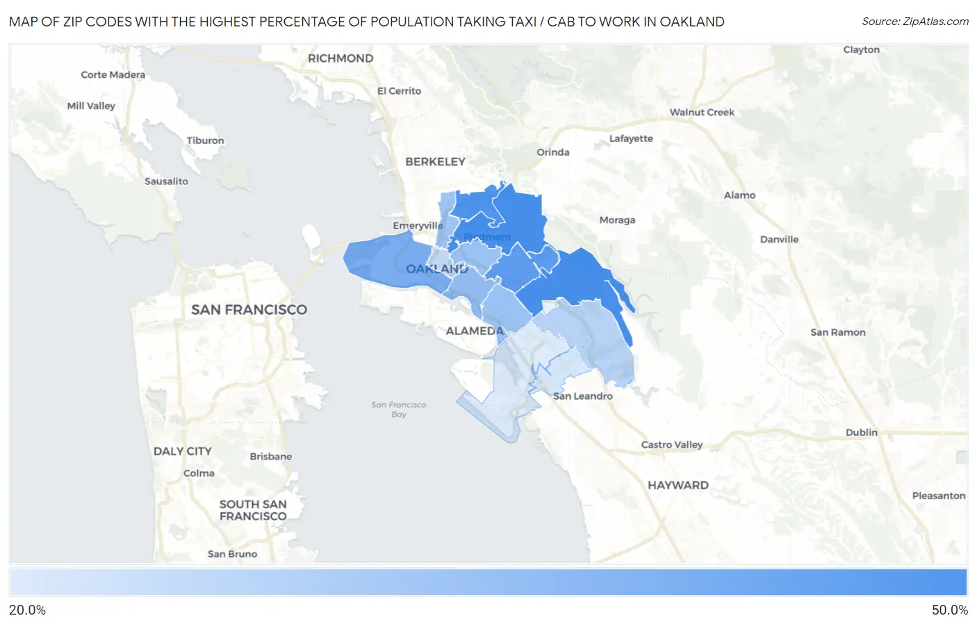 Zip Codes with the Highest Percentage of Population Taking Taxi / Cab to Work in Oakland Map
