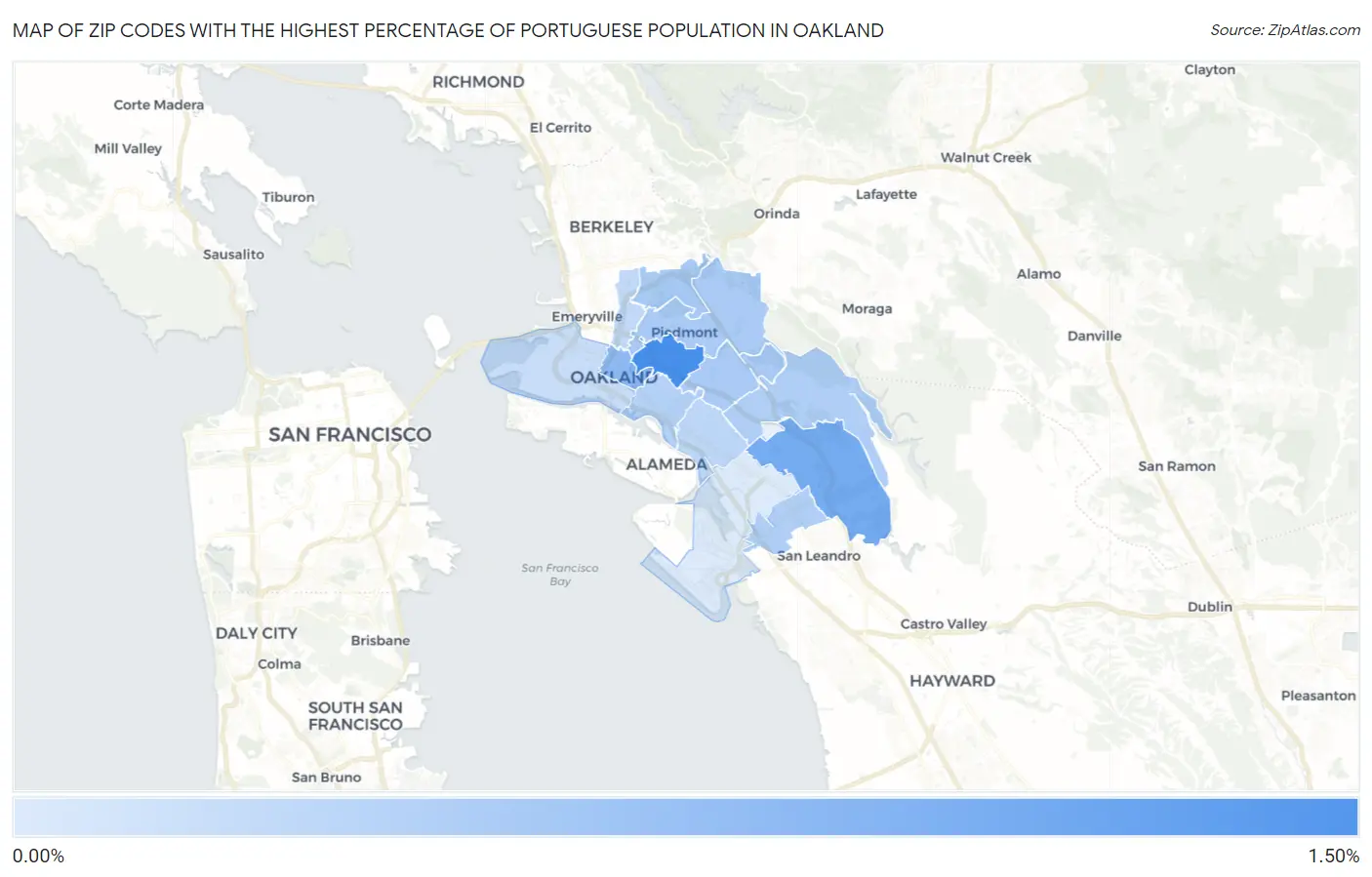Zip Codes with the Highest Percentage of Portuguese Population in Oakland Map