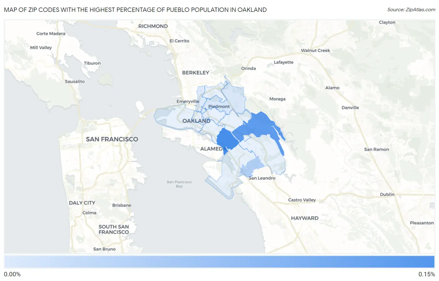 Zip Codes with the Highest Percentage of Pueblo Population in Oakland Map