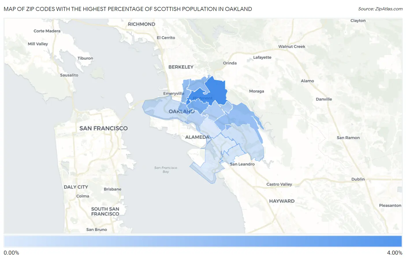 Zip Codes with the Highest Percentage of Scottish Population in Oakland Map