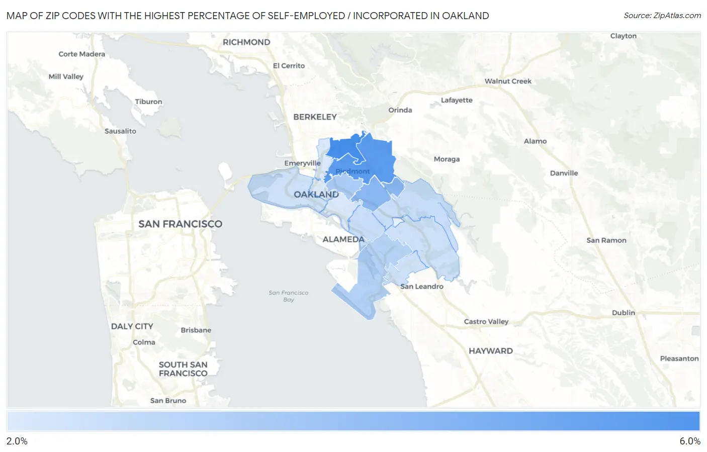Zip Codes with the Highest Percentage of Self-Employed / Incorporated in Oakland Map