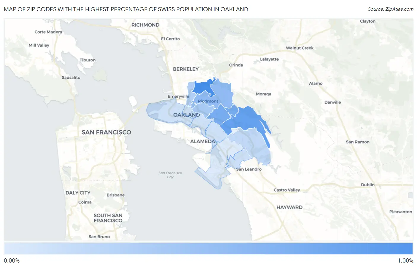 Zip Codes with the Highest Percentage of Swiss Population in Oakland Map