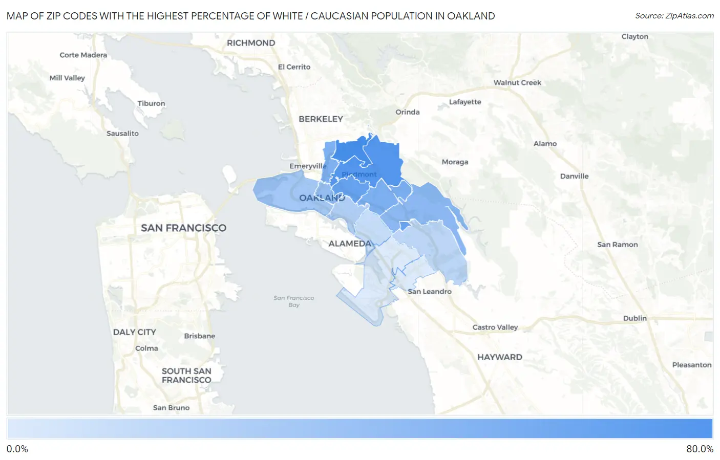 Zip Codes with the Highest Percentage of White / Caucasian Population in Oakland Map