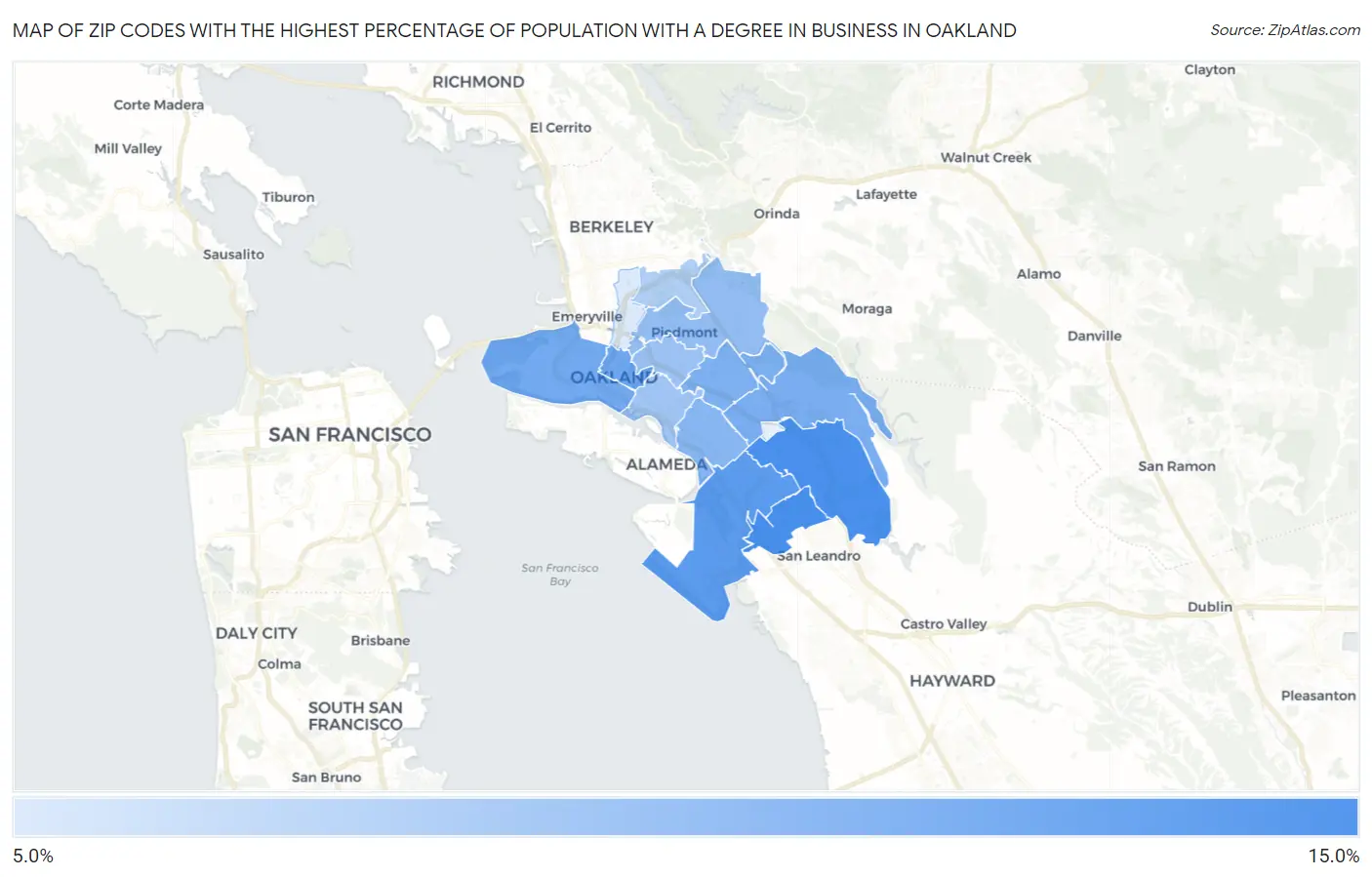 Zip Codes with the Highest Percentage of Population with a Degree in Business in Oakland Map
