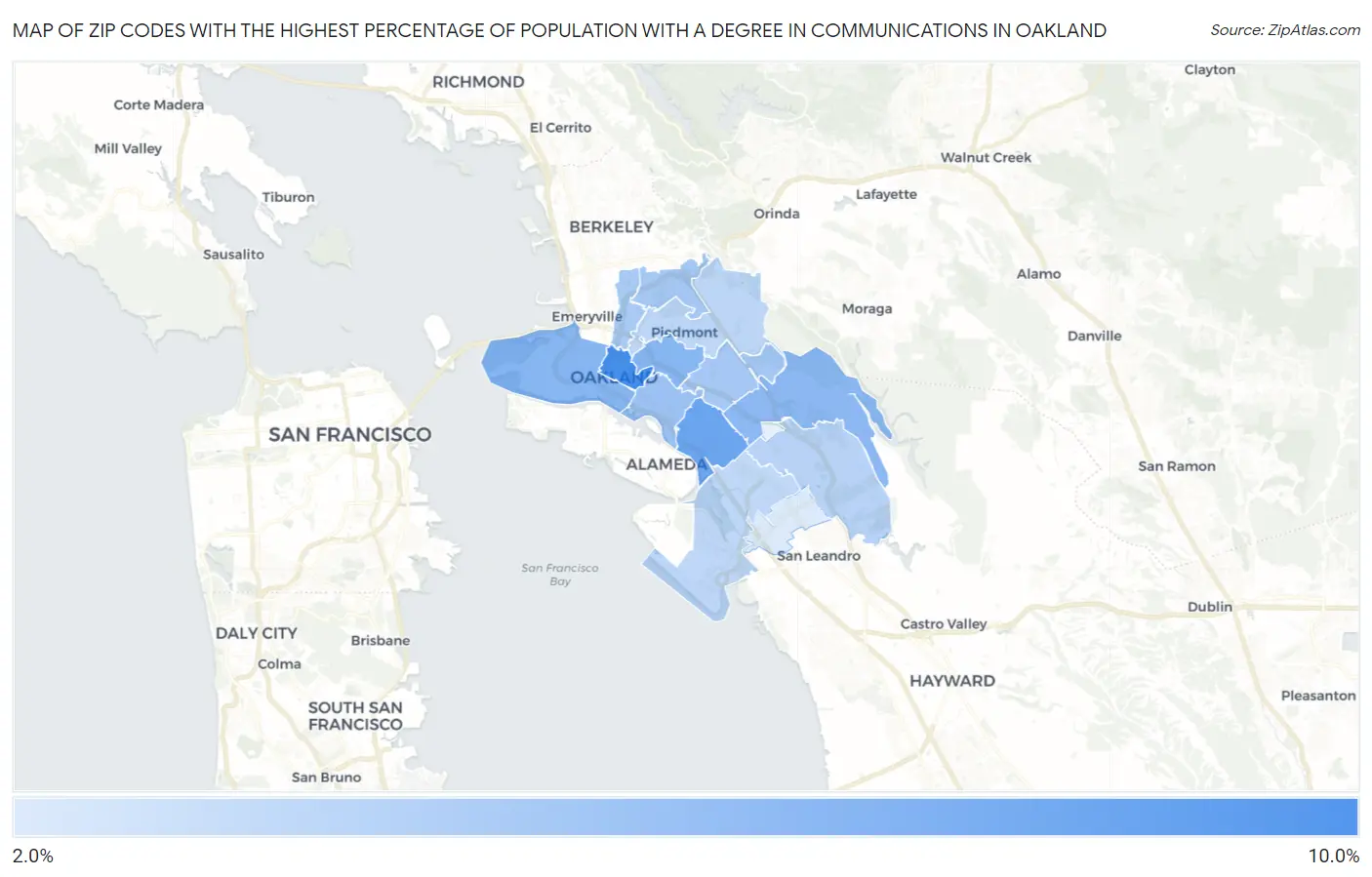 Zip Codes with the Highest Percentage of Population with a Degree in Communications in Oakland Map