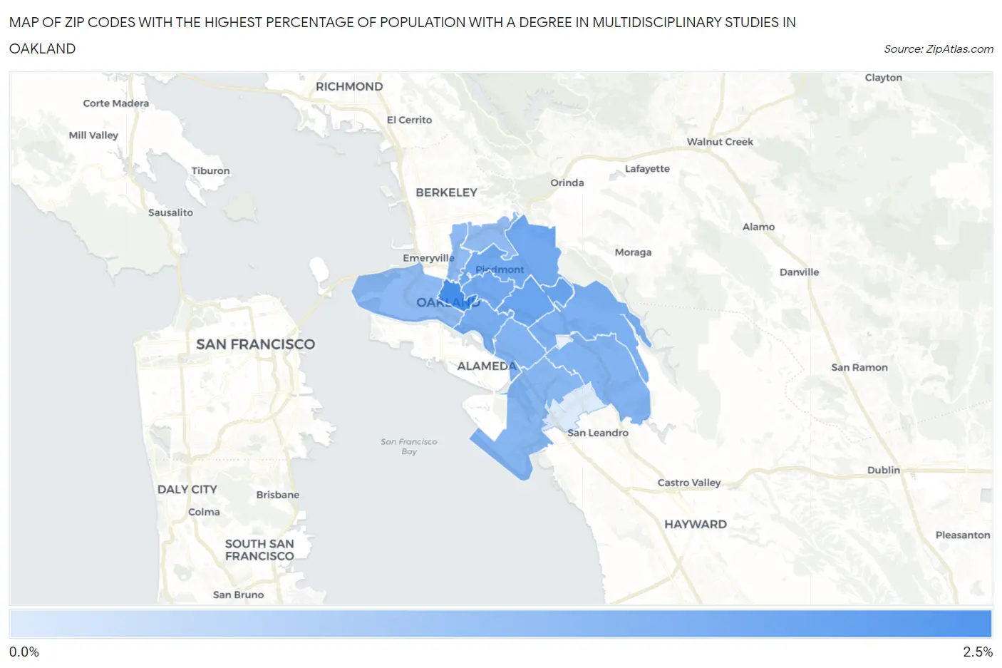Zip Codes with the Highest Percentage of Population with a Degree in Multidisciplinary Studies in Oakland Map