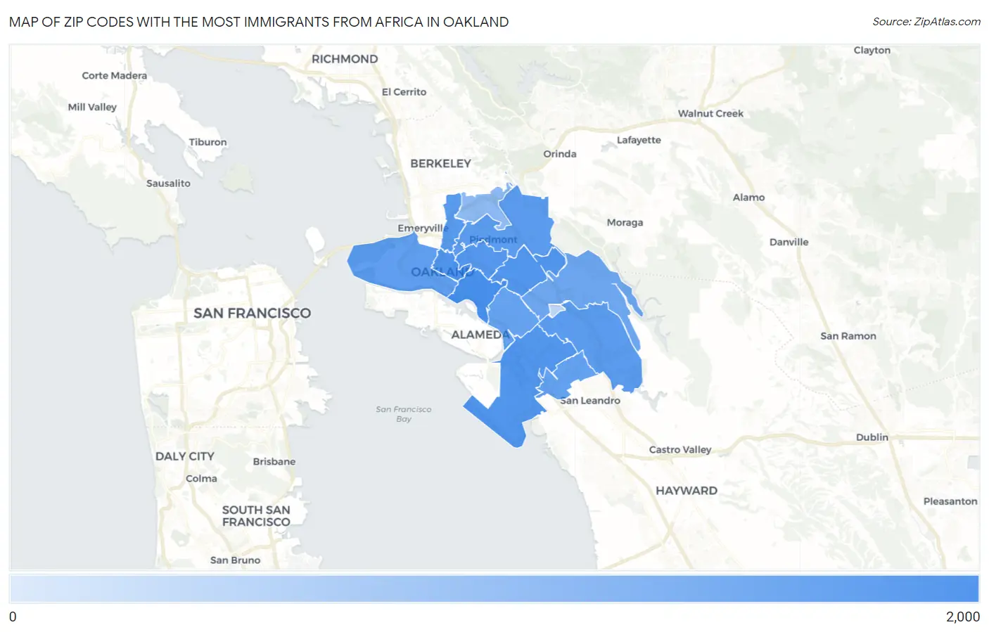 Zip Codes with the Most Immigrants from Africa in Oakland Map