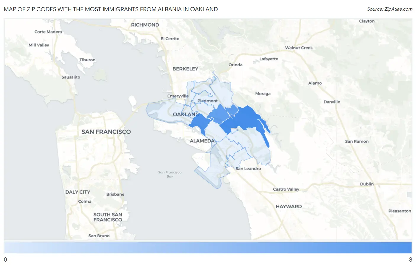 Zip Codes with the Most Immigrants from Albania in Oakland Map